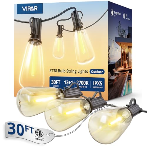 VIPAR Outdoor String Lights 30FT LED Patio Lights Waterproof with 13+1 Shatterproof ST38 Edison Bulbs, Connectable Outside Hanging Light for Porch, Garden, Backyard, Deck, Balcony, Decor, 2700K - size: 30FT