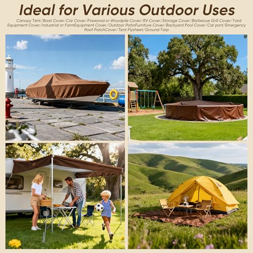 Heavy Duty Waterproof Tarp, Brown/Silver Multipurpose Poly Cover with Grommets, 50x50 Feet, 10 Mil Thickness, All-Season Outdoor Protection