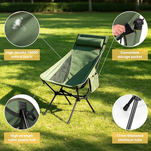 TOBTOS Portable High Back Camping Chair, Support 440 lbs, Ultralight Folding Chair with Head Support, Compact Backpacking Chair for Outdoor Camp Backpacking Fishing (Green) - color: Green-highback