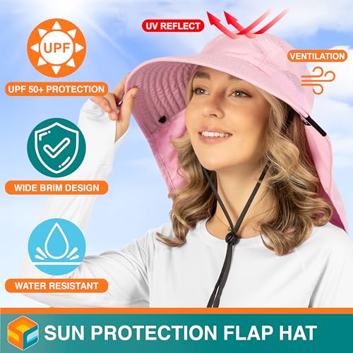 SUN CUBE Wide Brim Sun Hat with Neck Flap, UPF50+ Hiking Safari Fishing Hat for Men Women, Sun Protection Beach Hat - color: Pink