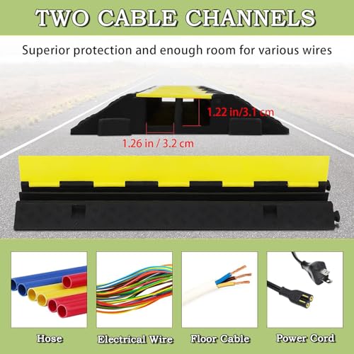 3 Pack 2 Channel Cable Protector Ramp – 11,000 lb Heavy Duty Rubber Speed Bump & Hose Protector with Non-Slip Surface, for Indoor Outdoor Driveways, Events, Worksites