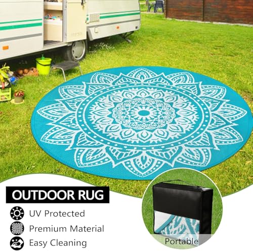 famibay Round Outdoor Rug 8ft Outdoor Plastic Straw Rug Boho Round Patio Rugs Outdoor Waterproof Reversible Camping Rug Potable Lightweight Circle Outdoor Rug for Patios Backyard Camping Porch(Teal) - color: Teal, size: Round 8ft