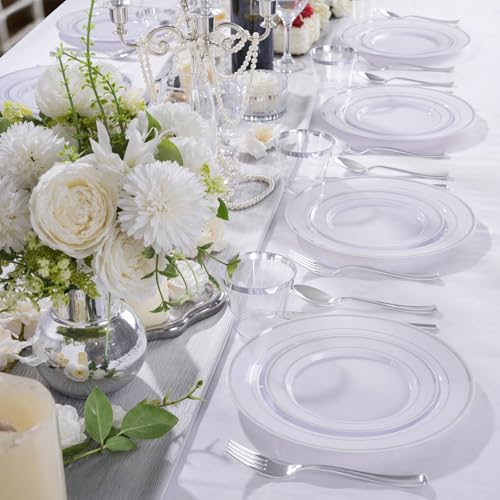 150 PCS Silver Disposable Dinnerware Set for 25 Guests, Silver Plastic Plates for Party, Including 25 Dinner Plates, 25 Salad Plates, 25 Cups, 25 Forks Knives Spoons for Wedding and Party Supplies - color: Silver, size: 25 Guests