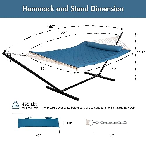 ANOW Double Hammock with Stand Included, Rope Hammock with Detachable Pillow and Pad for Outdoors Indoors, 450 LBS Weight Capacity, Blue - color: Blue, size: With Stand
