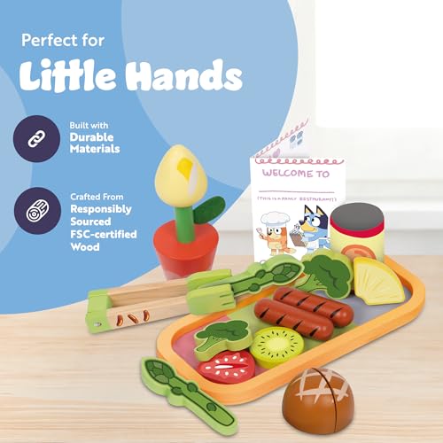 Bluey Toy Fruits and Vegetables for Toddlers, 32-Piece Pretend Food with Plates, Utensils, Baby Play Food & Wooden Toy Fun - style: Dine with Bluey