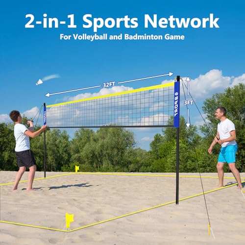 Beach Volleyball Net System with 4 Sand Anchors.Easy Setup Adjustable Height Poles with 2 Volleyball Ball,Pump,Boundary Line，Carry Bag.Volleyball Net for Backyard,Grass and Lawn - size: 32.1FT