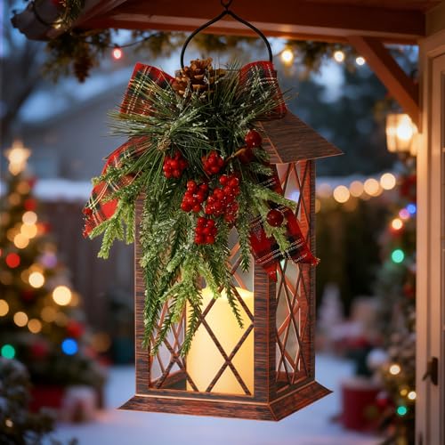 Christmas Solar Lanterns Outdoor Waterproof, 13" Outdoor Solar Powered Lantern with Flickering LED Candle, Christmas Hanging Lantern Decorations for Porch Patio Garden Balcony Pathway, 1 Pack - size: Christmas 1 Pack