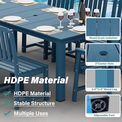 9-Piece Patio Dining Set, Outdoor Dining Set for 8, HDPE All-Weather Outdoor Furniture with 75.20” Umbrella Hole Table, 2 Armchairs & 6 Armless Chairs, Navy - color: Navy, size: 2 Armchairs & 6 Armless Chairs