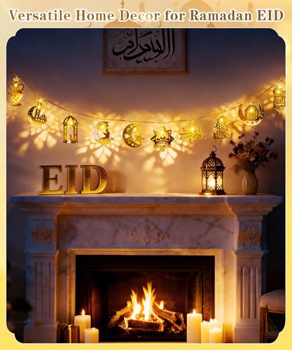 Ramadan Eid Mubarak Lights, 10 LED Battery Operated Eid Mubarak Lights with Metal Moon Star Lantern Ramadan Kareem, Islamic Home Decor for Bedroom Mantle Window Tree Fireplace Party - style: Vintage