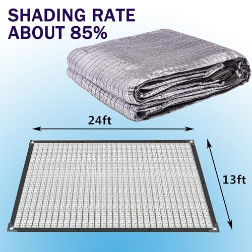 E.share 80%-85% Aluminum Shade Cloth, 13ft X 24ft Silver Heat Reflective Mesh Tarp with Grommets, Sun Block Privacy Cover for Outdoor Pergola, Patio, Garden, Greenhouse, Balcony, Car, Pet, Lawn - size: 13ft X 24ft