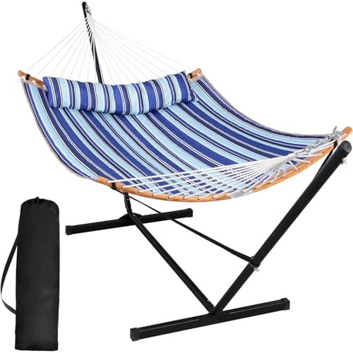 SUNCREAT Double Hammock with Stand Included, Portable Hammock with Stand and Large Pillow, Blue Stripes - color: A-blue Stripe