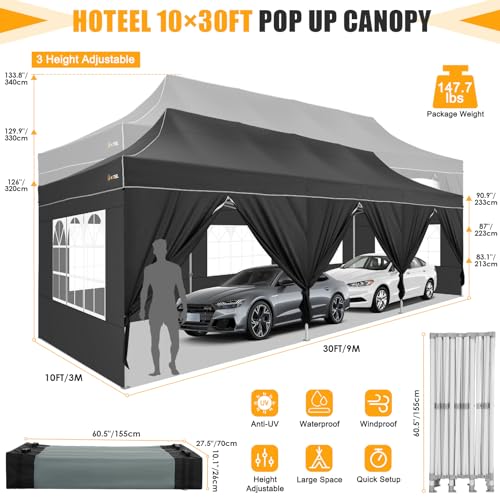 HOTEEL Tents for Parties 10x30 Pop Up Canopy Tent Heavy Duty with 8 Sidewalls, Commercial Party Tent Event Wedding Instant Canopy Waterproof with Carry Bag, UV 50+, Thicked Hexagonal Legs, Black - color: Black, size: 10x30FT (+8 Walls)