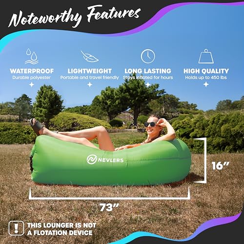 Nevlers Green Inflatable Lounger | 210T Polyester Inflatable Chair | No-Pump Blow Up Couch | Camping Couch Air Sofa w/ 450 lbs. Cap., Pockets & Matching Bag | Use as Inflatable Couch for Adults & Kids - color: Green, size: 1 Pack