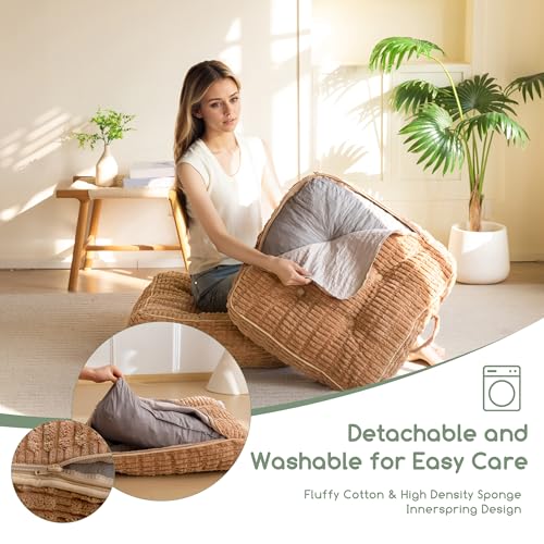 6" Washable Floor Pillow Cushion for Adults, Meditation Cushion Pillow, Removable Tufted Blended Corduroy Cover, Large Square Floor Sitting for Tatami Living Room or Yoga, 22x22 Inch, Machine Washable - color: Square Coffee, size: 6" Thick(Pack of 1)