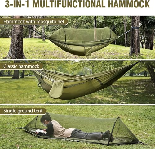 Camping Hammock with Mosquito Net, Lightweight Portable Double & Single Hammock Tent with 2 Tree Straps, Parachute Nylon Hammock for Outdoor Backpacking Beach Backyard Patio Hiking, Arm Green