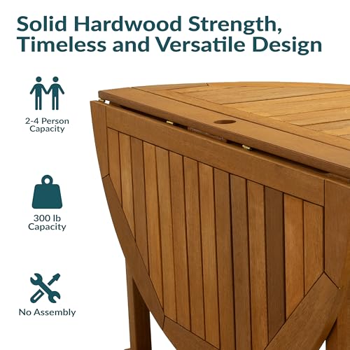 Sunnydaze Malaysian Wood Folding Patio Table - Space-Saving Gateleg Table with Umbrella Hole for Outdoor Dining & Gatherings - Teak Oil Finish