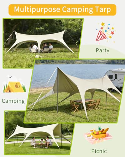 Camping Tarp with Poles, No Rope Tying 2-Step Setup, 11x18FT Waterproof 10-12 Person Tarp Shelter, 22ft² 2.6m Height 210D Oxford Family SUV Park Beach Outdoor Sun Shelter, Beige - color: Beige