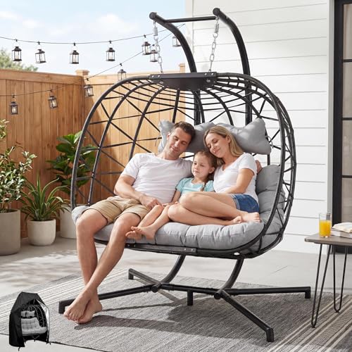 BULEXYARD Double Hanging Egg Chair with Cover and Stand, 2 Person Oversized Outdoor Swing Hammock Chair, Heavy Duty Wicker Loveseat with Cushion for Patio Balcony Backyard, Light Grey - color: Grey/Light Grey, size: 2 Seats with Cover