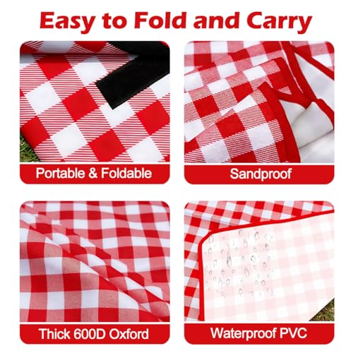 Extra Large Picnic Outdoor Blanket, 80''x60'' Waterproof Sand Beach Mat, Foldable Blankets Gingham Picnic Mat for Beach Camping Grass Lawn Park Hiking Travel Accessories Family Concerts(Red White) - color: Red, size: 80''x60''