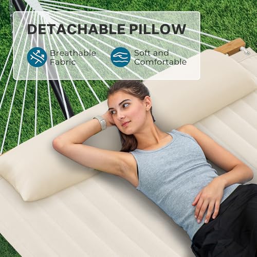 SUPERJARE Hammock with Stand, 2 Person Quilted Outdoor Hammock, Detachable Pillow & Bamboo Spreaders, Portable Hammock with Carrying Bag, Heavy Duty Stand, Perfect for Outside, Patio, Cream Beige - color: Cream Beige, size: 55.1"W × 74.8''D × 43.3''H