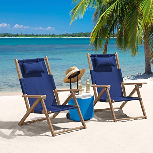 Lavish Home Set of 2 Beach Chair - Outdoor Weather-Resistant Wood Folding Chair with Backpack Straps - 4-Position Reclining Seat - Beach Essentials (Blue) - color: Blue, style: Set of 2