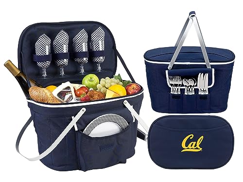 California Berkeley Golden Bears Licensed Patented Collapsible Insulated Picnic Basket Equipped with Service for 4- Designed and Assembled in USA