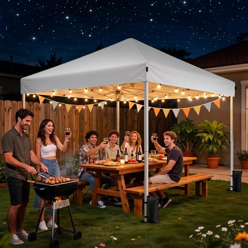Driftalia 10x10 Pop Up Canopy Tent, Instant Setup Portable Canopy with Carry Bag, 4 Sandbags and 8 Stakes for Outdoor Events, Parties & Camping - White - color: White