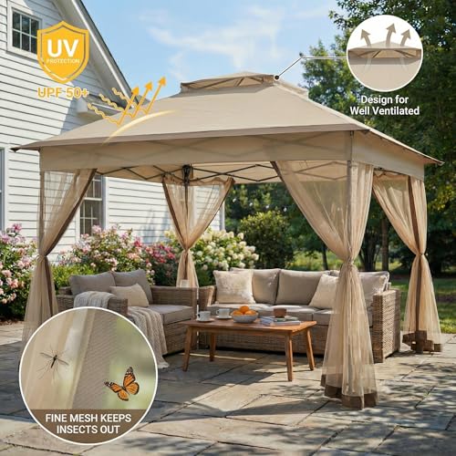 Bezseller 11x11 Pop Up Gazebo with Mosquito Netting – Easy 1-Person Setup, Water-Resistant Backyard Canopy for Family Patio & Garden Use,Khaki - color: Khaki, size: 11"x11"