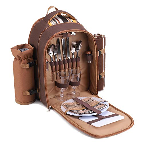 apollo walker Picnic Backpack Bag for 2 Person with Cooler Compartment, Detachable Bottle/Wine Holder, Fleece Blanket, Plates and Cutlery(2 Person, Brown) - color: Brown, size: 2 Person
