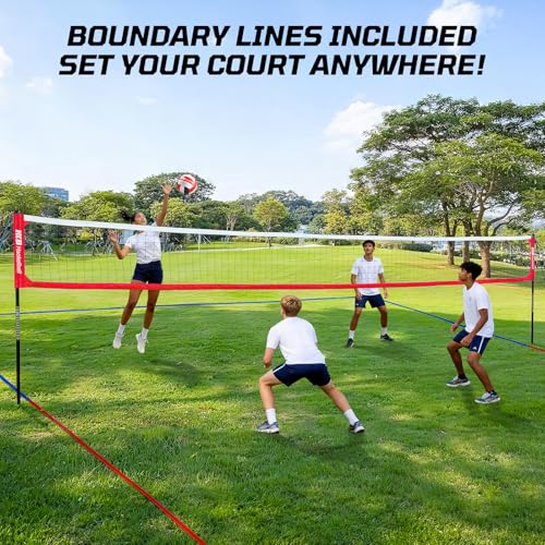 Haokelball Outdoor Volleyball Net Set for Backyard, 32FT Regulation, 3-Level Adjustable Height & Anti-Sag Tension System, Heavy Duty Thick Poles, Includes Volleyball, Pump, Boundary Line and Carry Bag - color: B-Red