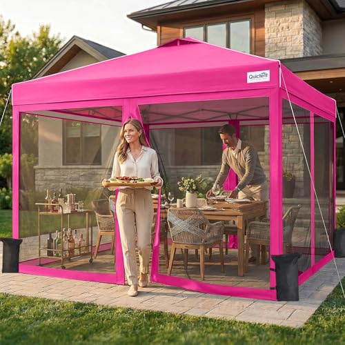 Quictent 10x10 Pop up Canopy Tent with Netting, Auto-Close Magnetic Doors, One Person Instant Setup Screen House Room Tent Screened Waterproof - color: Pink, size: 10'x10'