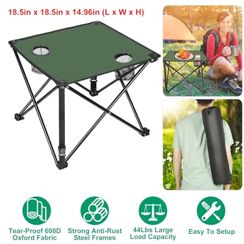 KOCASO 1Pc Foldable Camping Table Portable Picnic Table Lightweight Travel Desk with 2 Cup Holders Carrying Bag - color: Green