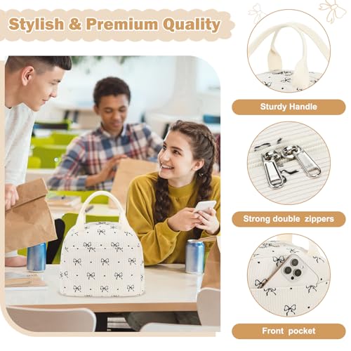 EurCross Cute Bow Tie Lunch Bag for Girls, Ivory Corduroy Insulated Lunch Bag for Two-Meal Space Perfect for School Days, Commuting, fits Bento Boxes, Round Containers, Designer Lunchboxes - color: Ivory