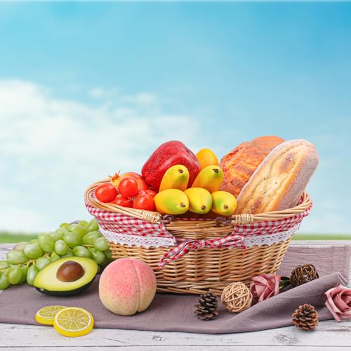 2 Pack 14.2 & 12.6 Inch Natural Wicker Basket with Linen Cotton Cloth Lining, Oval Wicker Woven Basket with Handle, Willow Woven Picnic Baskets for Picnic, Camping, Party - size: 2 Pack 14.2in&12.6in Natural(Round willow)