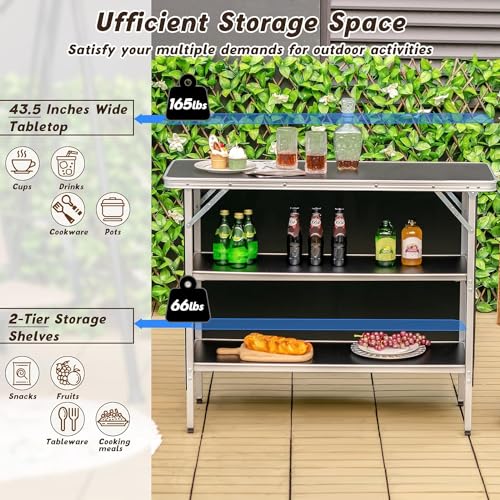 Goplus Folding Camping Table, Portable Pop-Up Bar Table with 2-Tier Storage Shelves, Removable Cloth Cover, Aluminum Foldable Camp Table for Picnic, Tailgate, Party, Travel, Outdoor - color: Black