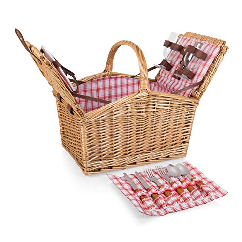PICNIC TIME Piccadilly Picnic Basket for 2, Romantic Vintage English-Style Wooden Basket, Complete Deluxe Service for Two with Fully-lined Interior and Double-lid Design, (Red & White Plaid Pattern) - color: Red