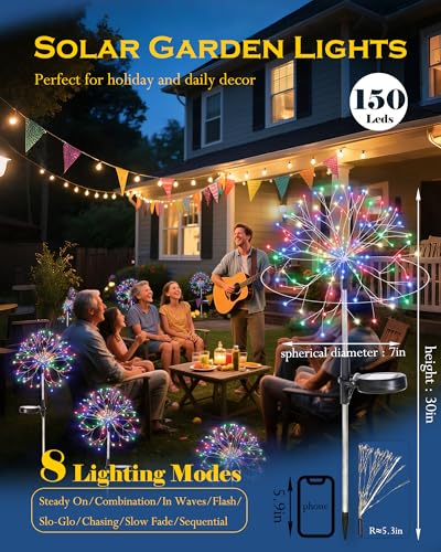 Solar Garden Lights Outdoor Yard Decorations, 4 Pack 150Leds Pathway Light, Fairy Firework Stake Lights for Garden, Patio, Pathway, Flowerbed Multicolor - color: Multicolored, size: 4 Pack