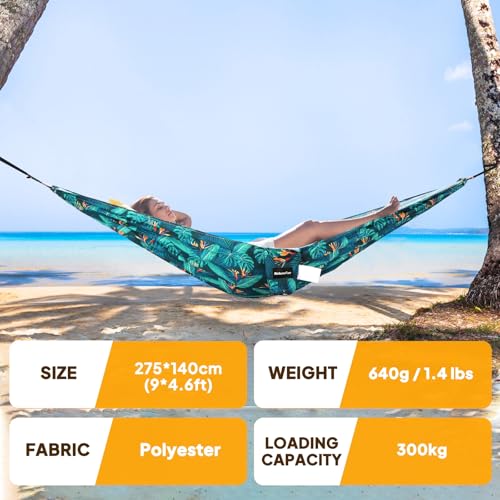 NATUREFUN Ultra-Light Travel Camping Hammock | 300kg Load Capacity,Breathable,Quick-Drying | 2 x Premium Carabiners,2 x Nylon Slings Included | Outdoor Indoor Garden - color: Tropical Plant, size: 275x140cm