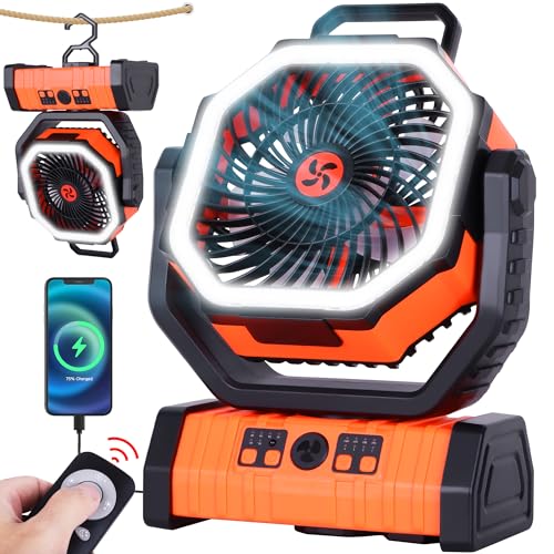 20000mAh Emergency Battery Powered Fan & LED Light, Battery Operated Rechargeable Fan for Power Outage, Car Defrosting, Indoor Use with 360° Oscillating & Hook, 8H Timer, Portable Camping Fan - color: Orange