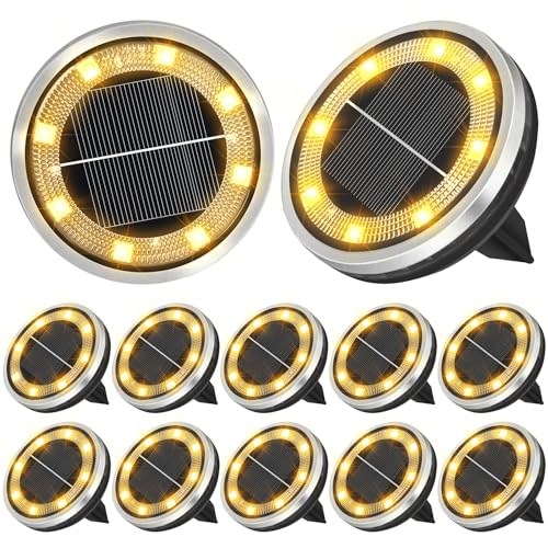 ZAIYW 12 Pack Solar Ground Lights Outdoor Waterproof Pathway Lights Solar Powered Disc Landscape Lighting for Garden Lawn Yard Walkway Deck Decoration (Warm White) - color: 12 Pack-Warm White