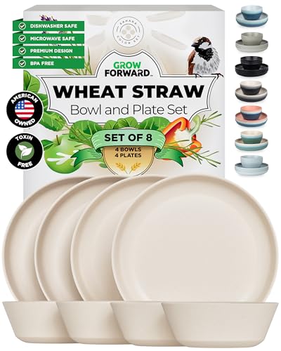 Grow Forward Premium Wheat Straw Plates and Bowls Sets - 8-Piece Wheat Straw Dinnerware Sets - Unbreakable & Reusable Microwave Safe Plastic Dinner Plates for Outdoors, RV, Camping Dishes - Sahara - color: Sahara Beige