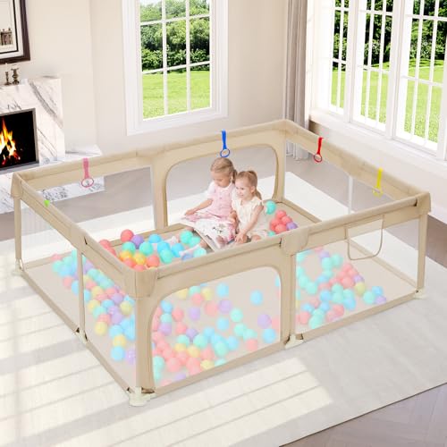 Dripex Large Baby Playpen 71"x47", Big Play Pens for Babies and Toddlers- Indoor & Outdoor Kids Safe Play Area, Soft Breathable Visible Mesh, Anti-Fall & Anti-Slip Design Baby Fence, Beige - color: Beige, size: 71"×47"