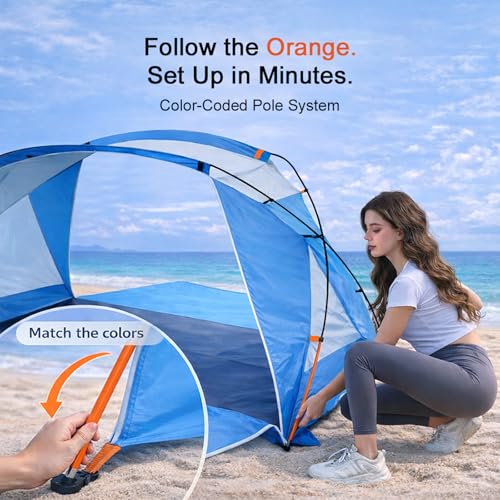 Beach Tent Sun Shelter with UPF 50+ UV Protection, Dual Door Design for Better Ventilation, Easy Setup Portable Beach Shade Canopy with Carrying Bag for Beach, Camping, Fishing and Outdoor Travel - color: Blue-Dual Door, size: Spacious 4-Person