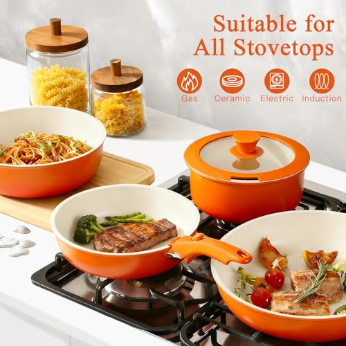 GIPP 11pcs Pots and Pans Set Non Stick, Nonstick Cookware Set Detachable Handle, Ceramic Pots for Cooking Non Stick with Removable Handle, RV Cookware Set for All Stoves, Orange Gradient - color: Orange Gradient, size: 11PCS