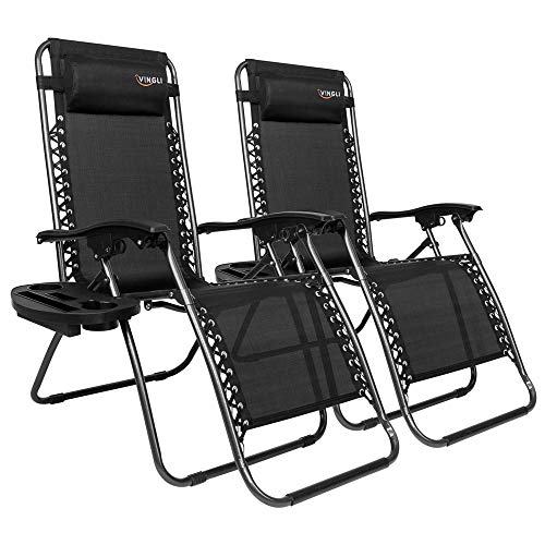 VINGLI Upgraded Zero Gravity Chair Set of 2 Lounge Outdoor Chairs with Trays and Pillows, Folding Patio Recliner Chairs for Backyard Poolside Garden - color: Black
