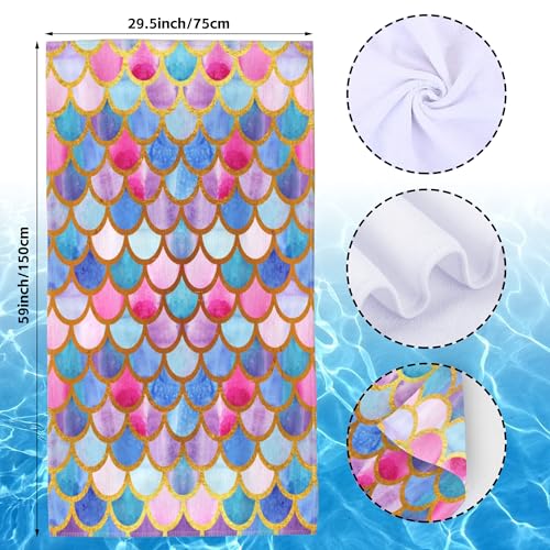 Beach Towel,Watercolor Mermaid Golden Fish Scales Lightweight Compact Sand Free Quick Dry Oversized Pool Swimming Towels for Girls Women Adults,29.5"×59" - color: Watercolor Mermaid Golden Fish Scales