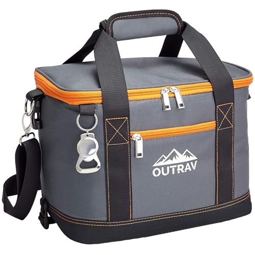 Collapsible Insulated Cooler Bag – 6L Thermal Lunch Bag with Bottle Opener, 16 Can Capacity – Perfect For Camping, Picnics and Travel - Handles and Removable Shoulder Strap - By Outrav - color: Grey with Orange Trim