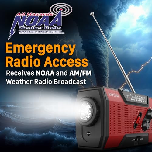 FosPower NOAA Emergency Weather Radio A1 7400mWh Portable Power Bank, AM/FM, USB/Solar/Hand Crank Charging, Battery Operated, SOS Alarm & Flashlight for Indoor/Outdoor Emergency - Red - color: 04 - Model A1 - Red