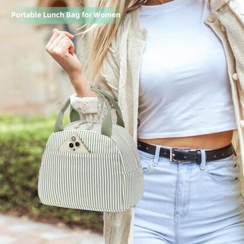LEDAOU Lunch Box for Women Insulated Lunch Bag Lunch Tote Bags Leakproof Cooler Lunch Case for Travel Work Picnic - color: Green White Stripe