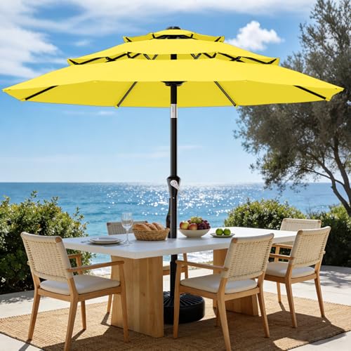 AreShark 9ft 3-Tier Patio Umbrellas, Outdoor Umbrella with 8 Sturdy Ribs UV Protection Windproof, Market Table Umbrella w/Push Button Tilt & Crank for Pool, Porch, Deck, Garden(Yellow) - color: Yellow